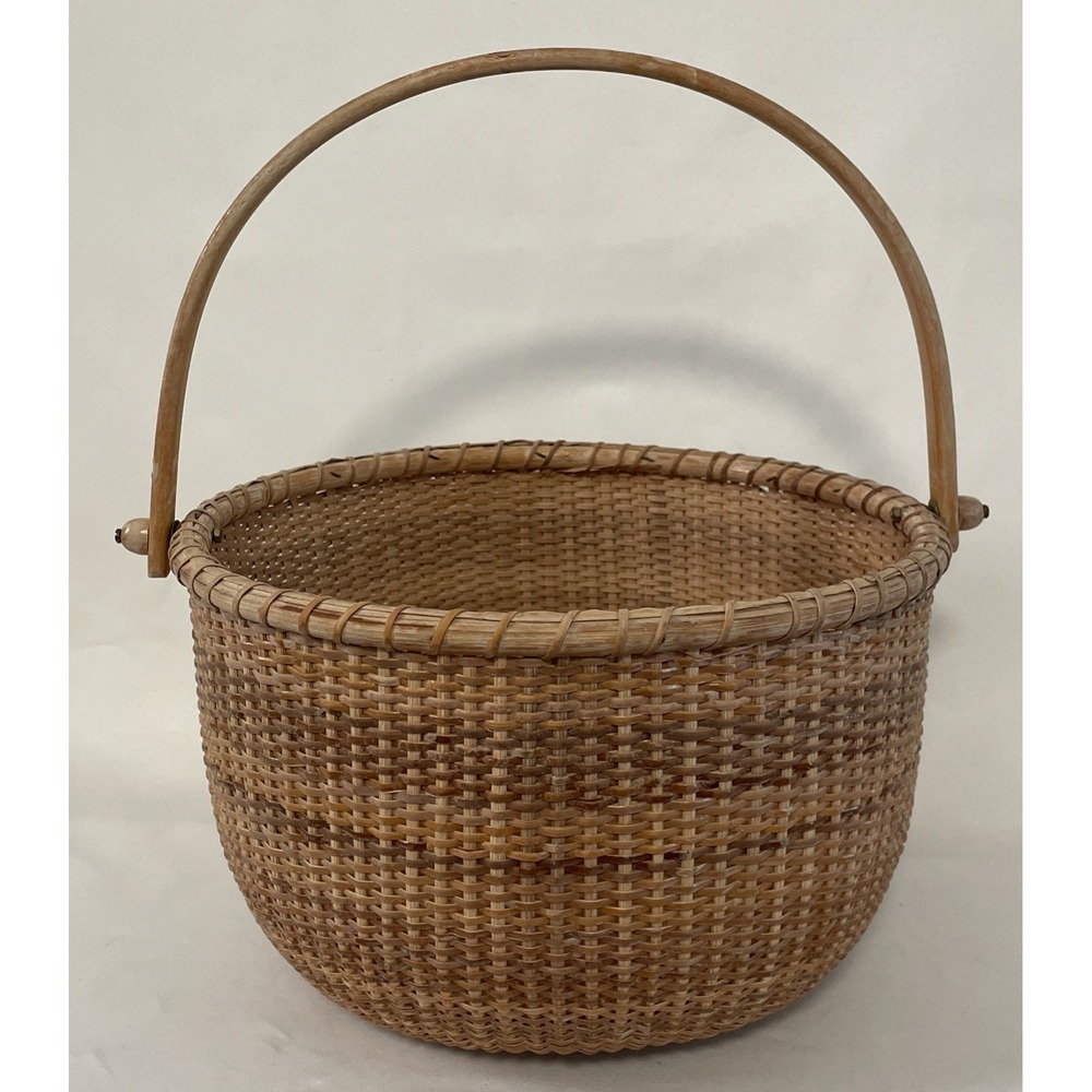 Nantucket Lighthouse Style Basket Woven Wooden Swing Handled Round 10.5"